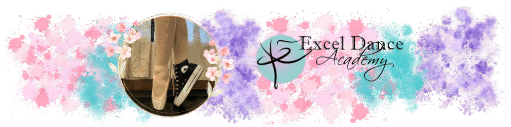 Picture of dancers feet with pointe shoe and converse, with Excel Dance Academy logo