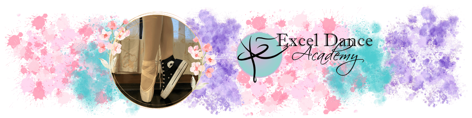 cover-photo-website (1) Picture of dancers feet with pointe shoe and converse, with Excel Dance Academy logo